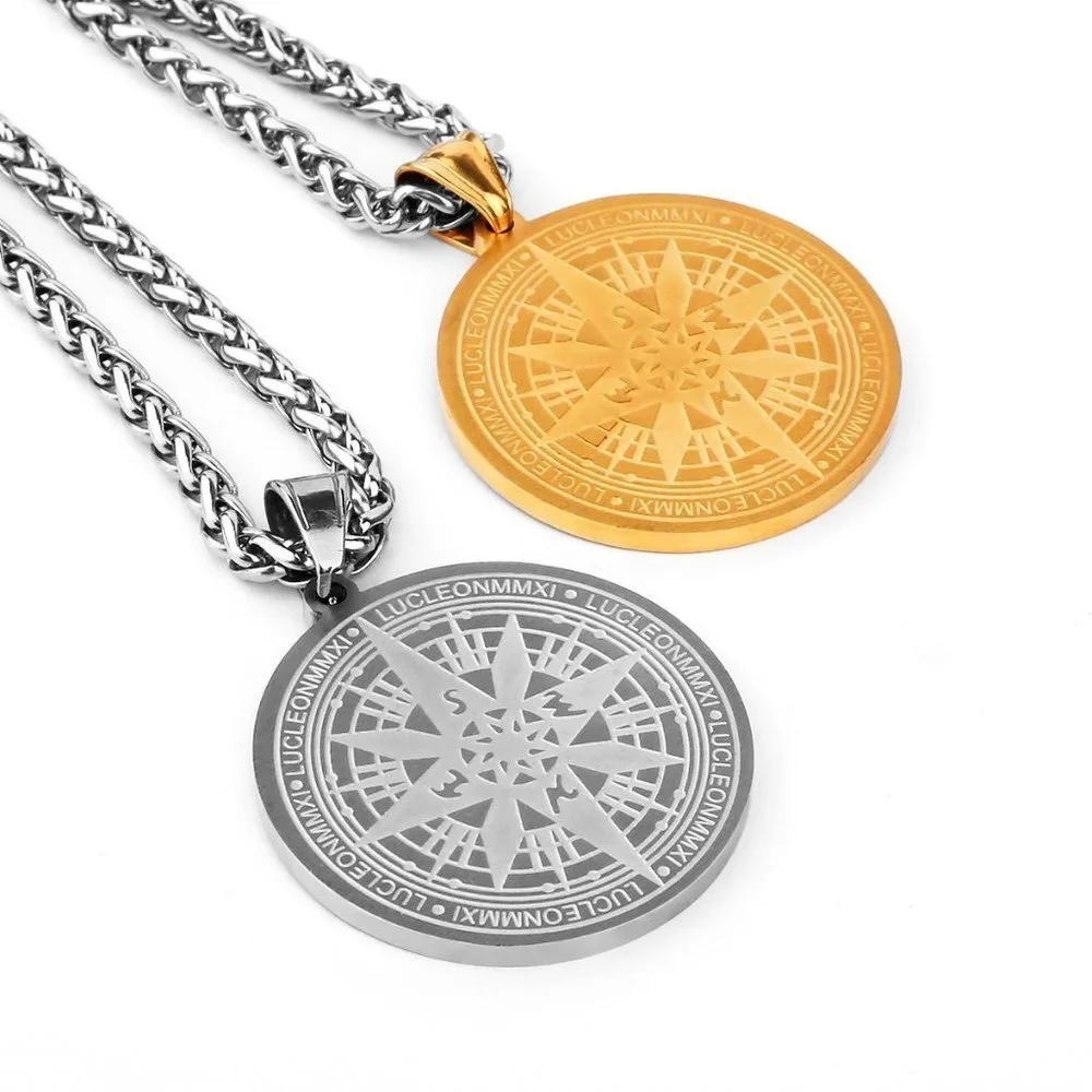 ❤️Vintage Golden Compass Stainless Steel Unisex Pendant Necklace, GP1231171